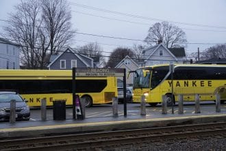 Shuttle buses at the Reading Train Depot during the Feb 4-12 outages.