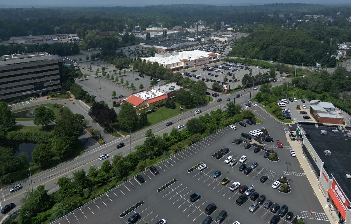 Aerial view of Walkers Brook Drive in July 2023