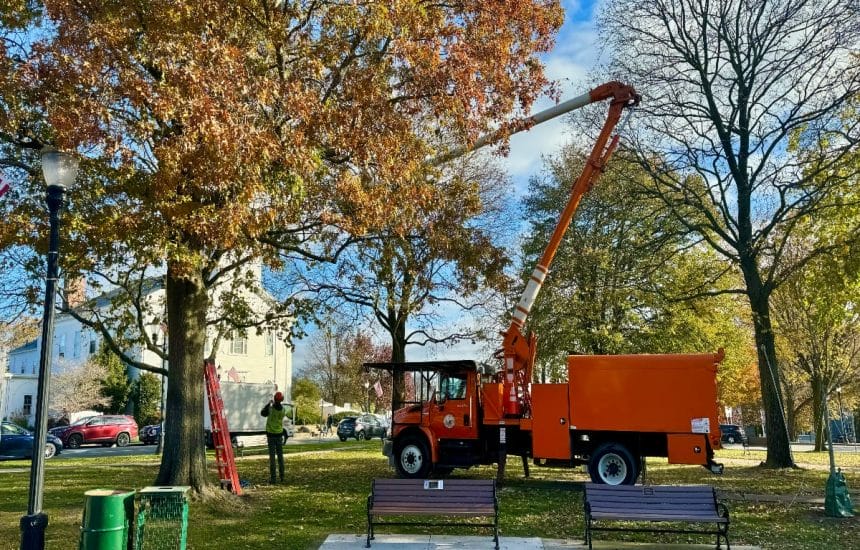 DPW crews seen hanging the holiday lights around Reading this week.
